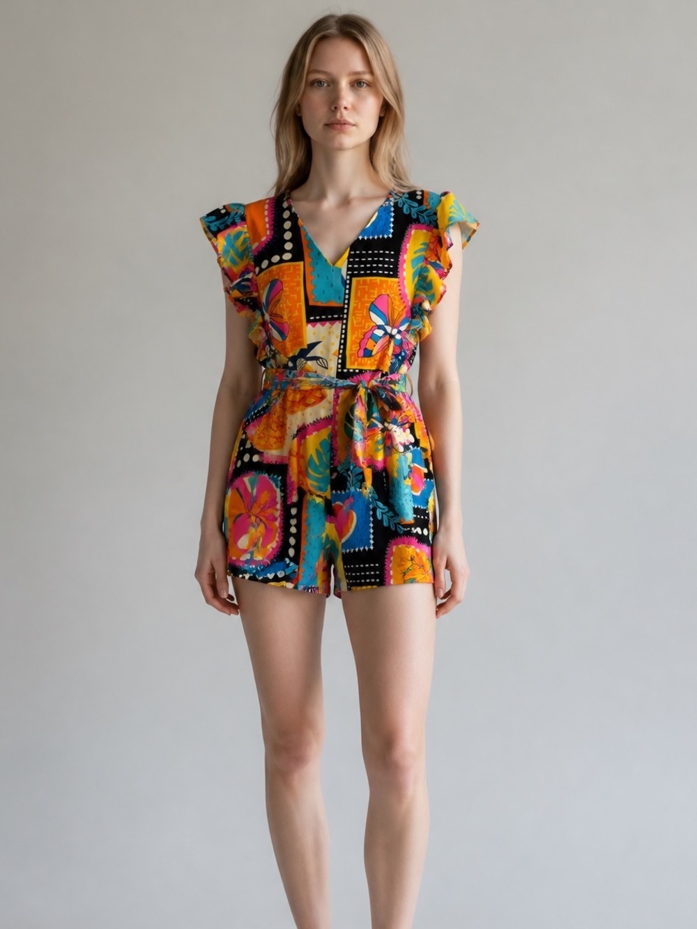 VINTAGE ROMPER Colorful Graphic Print Silky Ruffle Romper Sz M 80s 90s jumpsuit